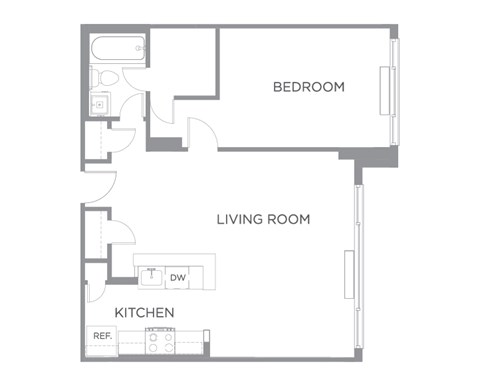 Floor plan for 1 bed, 1 bath, 653 sqft